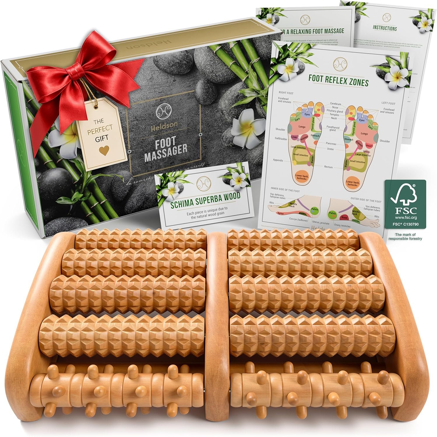 HELDSON® Foot Massager Roller Plantar Fasciitis Pain Relief – Wooden Under Desk Feet Massage – Dual Manual Heel Massagers – Wood Rolling Acupressure Tool with Reflexology Guide – Gift for Men, Women