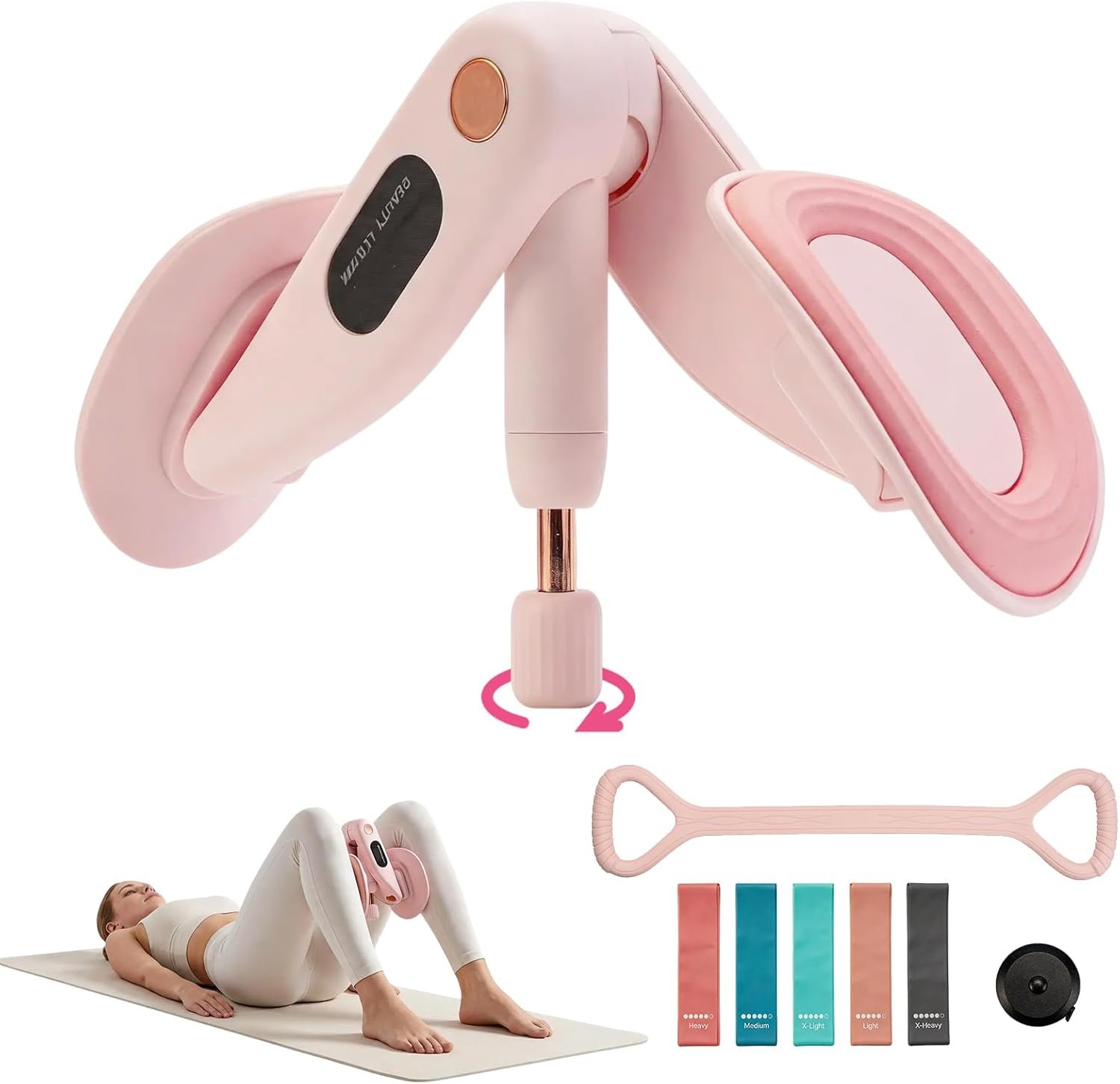 Thigh Trainer, Pelvic Floor Exercise Devices, 360° Adjustable Pelvic Floor Trainer Women, Thigh and Pelvic Trainer with 15-55LB Resistant Band Set and Body Measuring Tape (Pink)