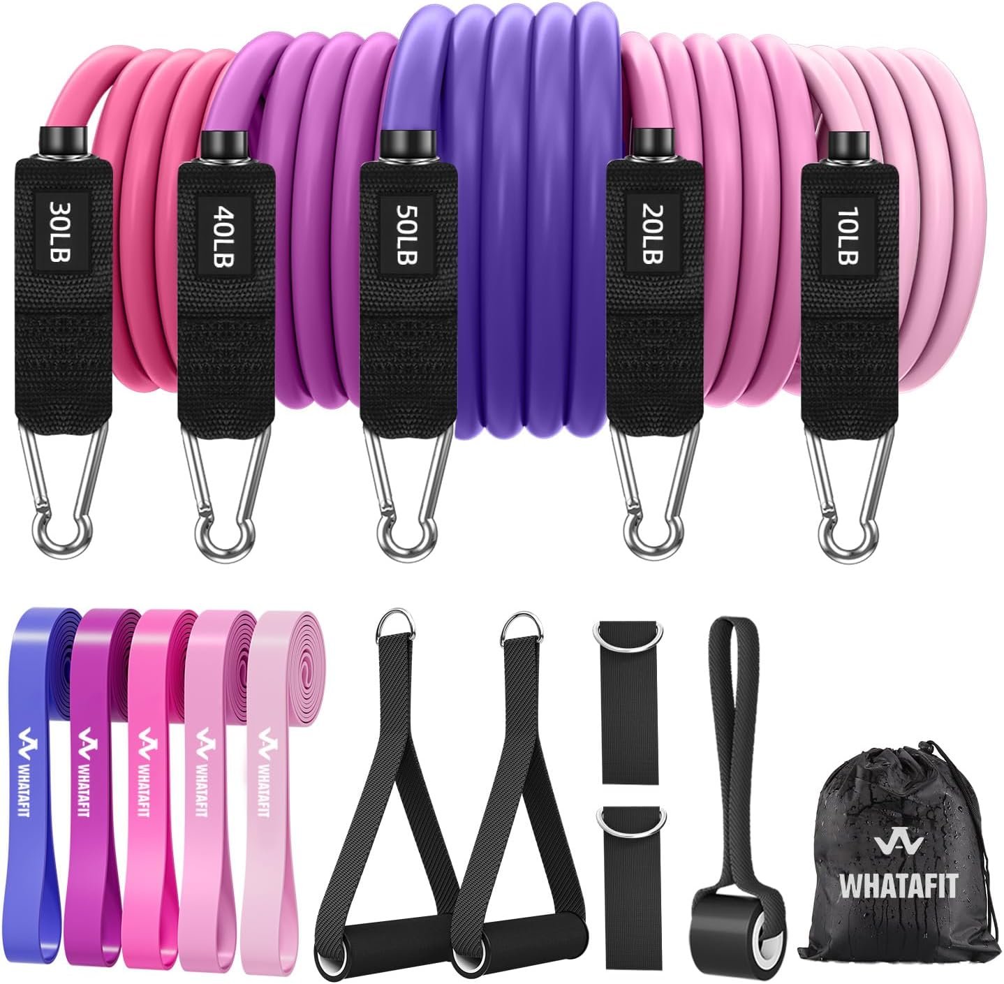 WHATAFIT Resistance Bands, Exercise Bands, Workout Bands with Handles, Door Anchor and Ankle Straps, 5 Resistance Levels Fitness Bands for Strength Training, Physical Therapy, and Home Gym Equipment