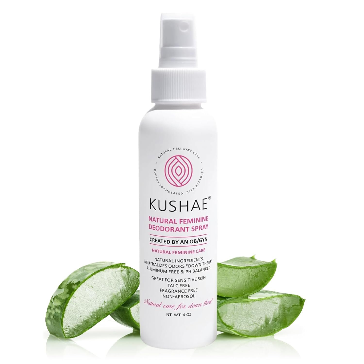Kushae Natural Feminine Deodorant Spray for Women, All Natural, Unscented and Fragrance Free, Refreshing Control for Odor and Dryness, 4 oz