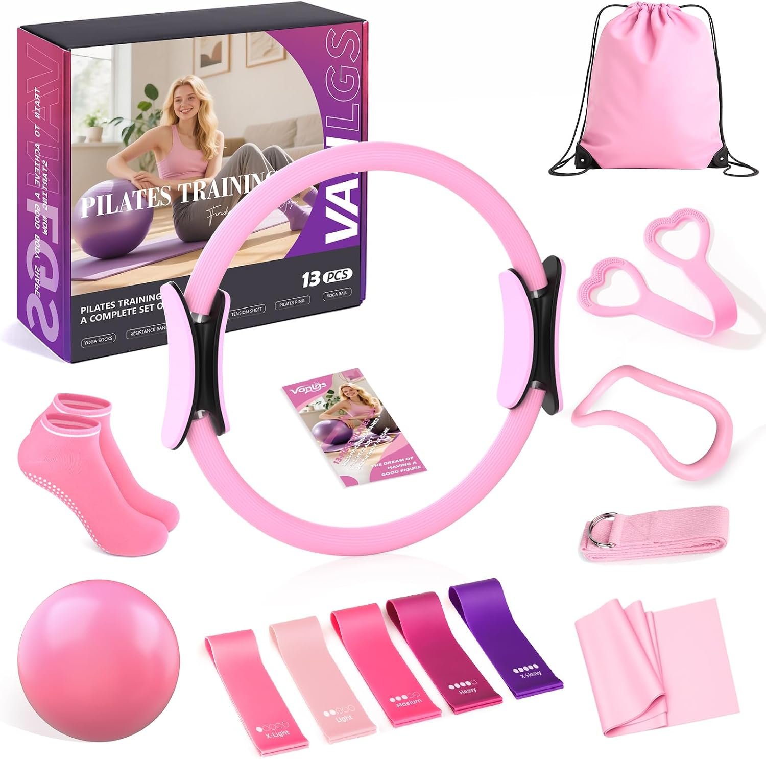 Pilates Kit 13Pcs Home Pilates Essentials Workout Kit with 13″ Ring, 10″ Ball and Resistance Bands for Women at Home Pilates Equipment Set for Beginners