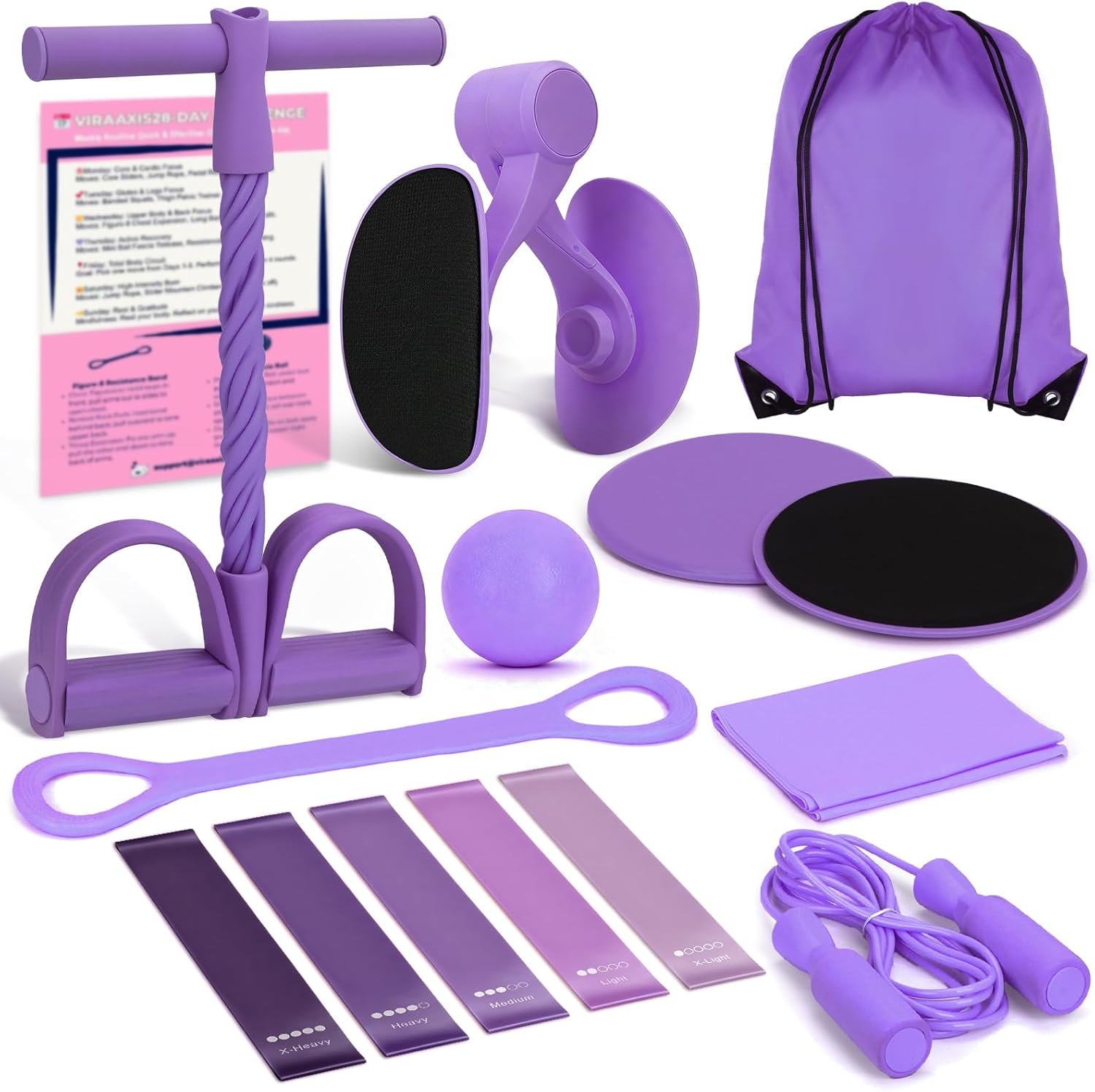 9-in-1 Home Workout Equipment for Women, Pedal Resistance Band with Handle, Thigh Master, Core Sliders & Exercise Bands with Workout Guide, Beginner Starter Kit for Ab Workout & Body Toning