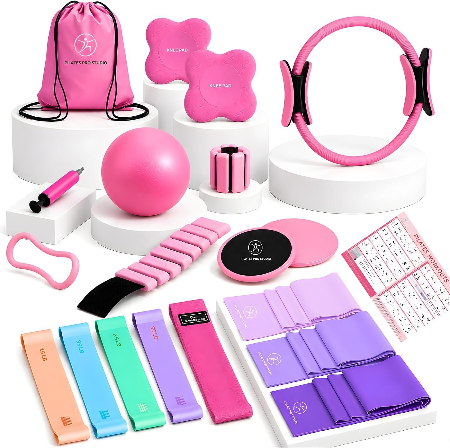 Pilates Kit for Home Workouts, 20-in-1 Pilates Equipment Set with 14.5″ Pilates Ring, Pilates Ball, Resistance Bands, Ankle Weights, Exercise Sliders, Yoga Ring & Knee Pads for Joint Protection